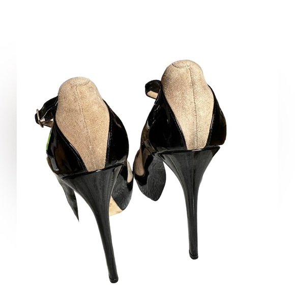 Jimmy Choo Black Patent Leather & Tan Suede Mary Jane Peep-toe Stilettos 🔥 - Picture 8 of 14